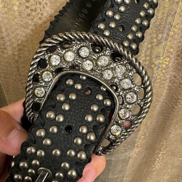 Hyde Collection Black Leather Silver Studded Western Rhinestone Belt XL - Picture 3 of 5